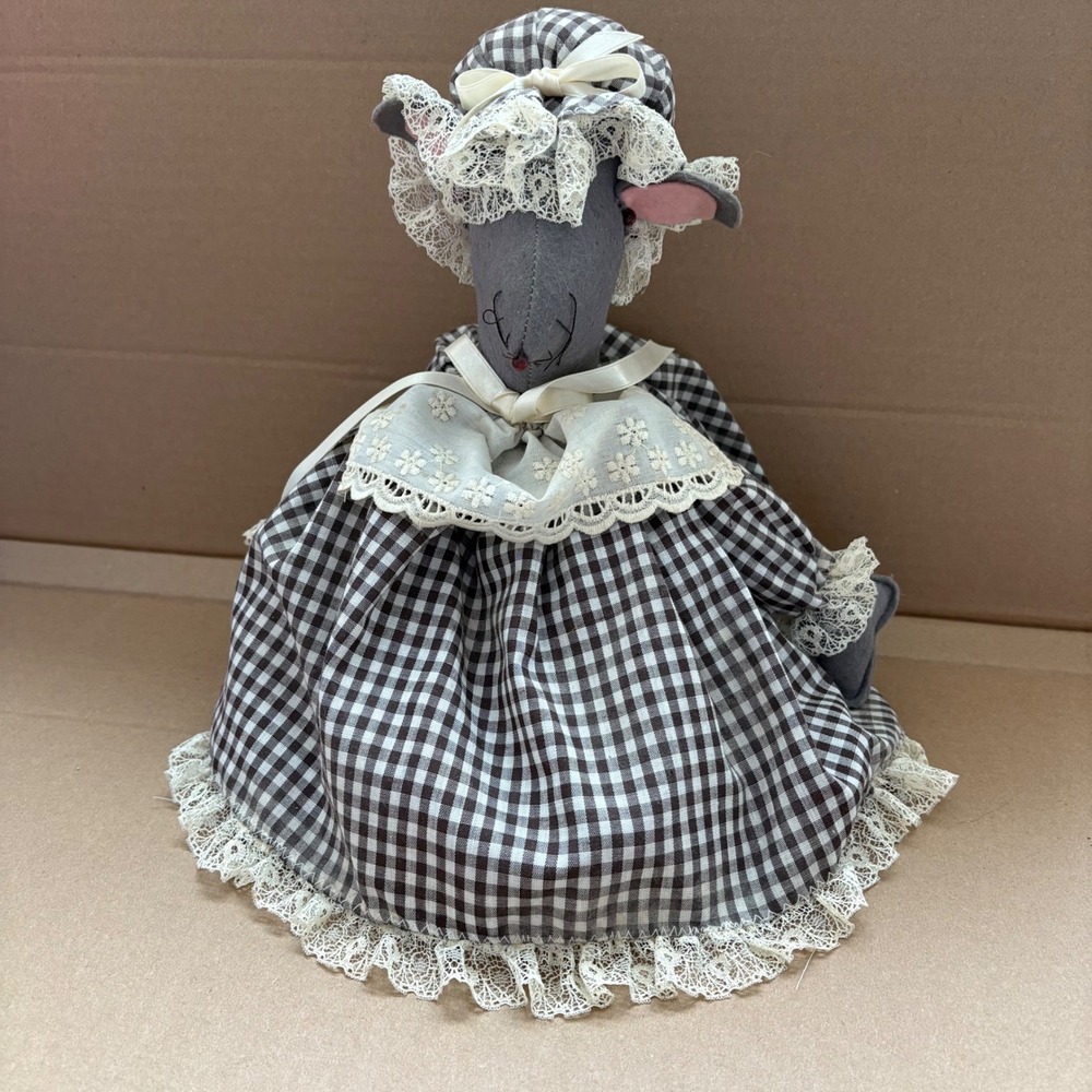 Vintage Mouse Doll Brown Gingham Dress Lace Bonnet Toliet Paper Holder